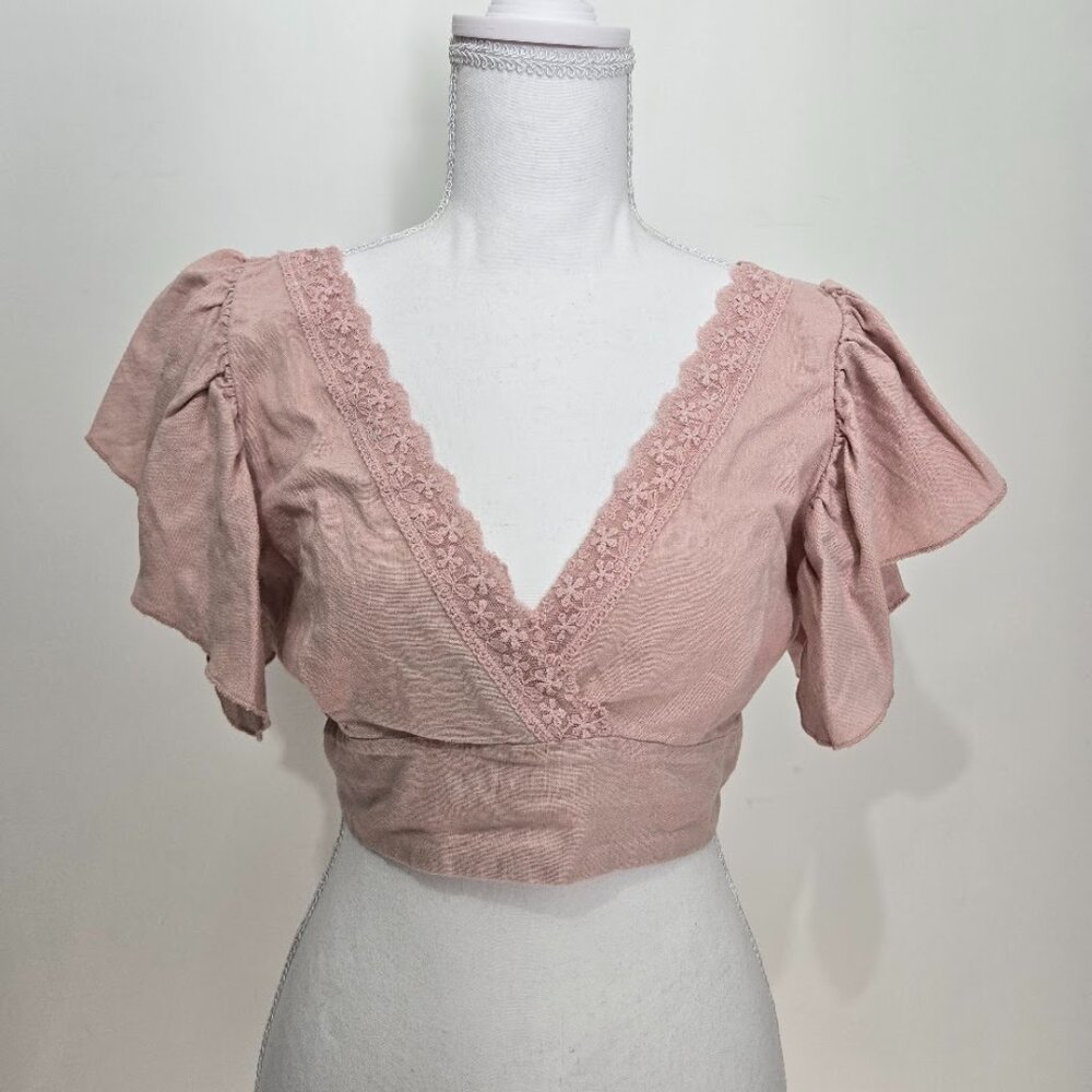 Love Tree Womens Coquette Babydoll Linen Crop Top Sz M Lace Trim Festival Boho